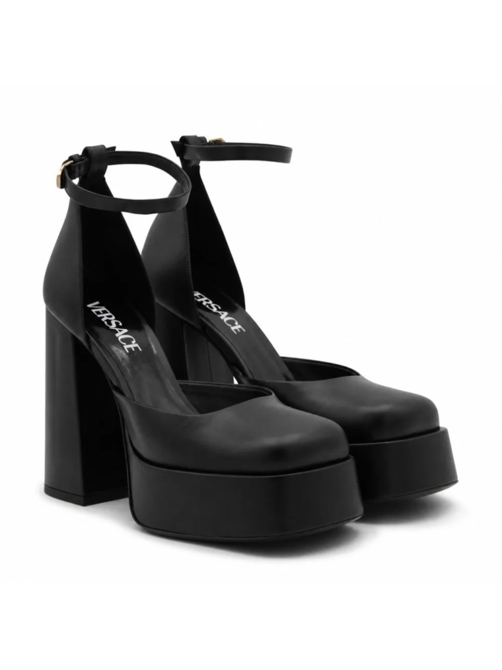 NEW Versace Medusa Aevitas Platform Pumps Black Leather Ankle Strap Heels IT 38